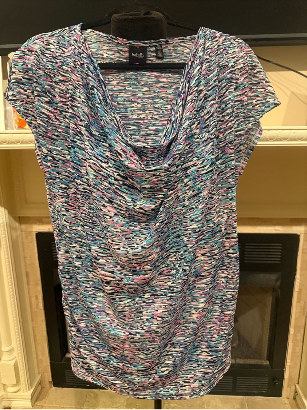 Rafaella Blue Pink Multi-Print Drape Neck Top